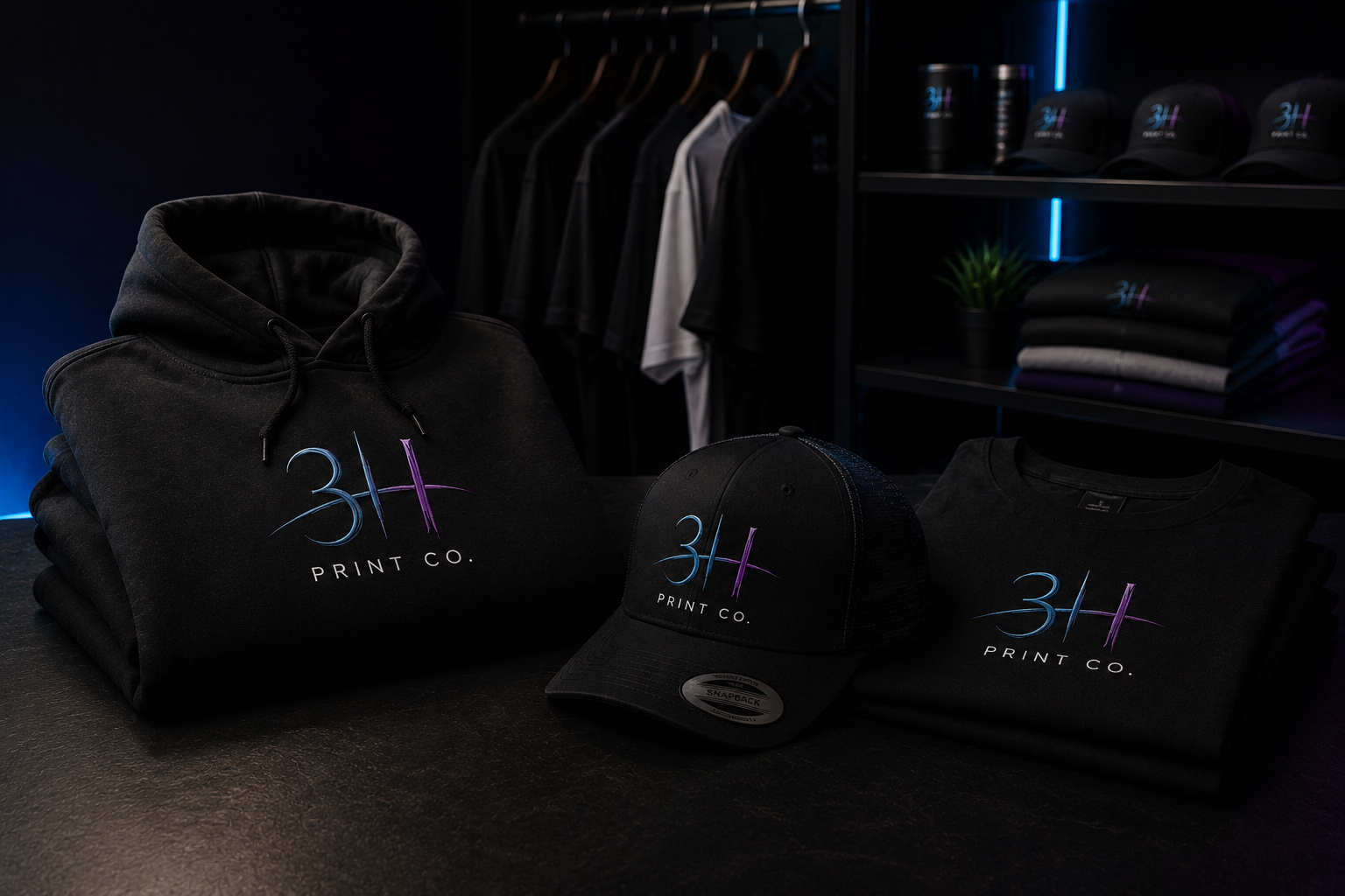 3H Print Co. hoodie, hat, and tee lineup